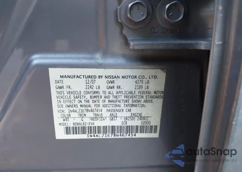 2008 Nissan Altima 2.5 S z USA, uszkodzony, nr VIN 1N4AL21E78N467454